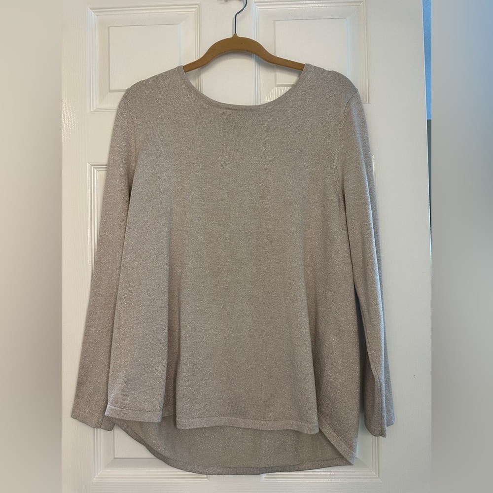 Chico's Taupe Shimmer Long Sleeve Scoop Neck Sweater
